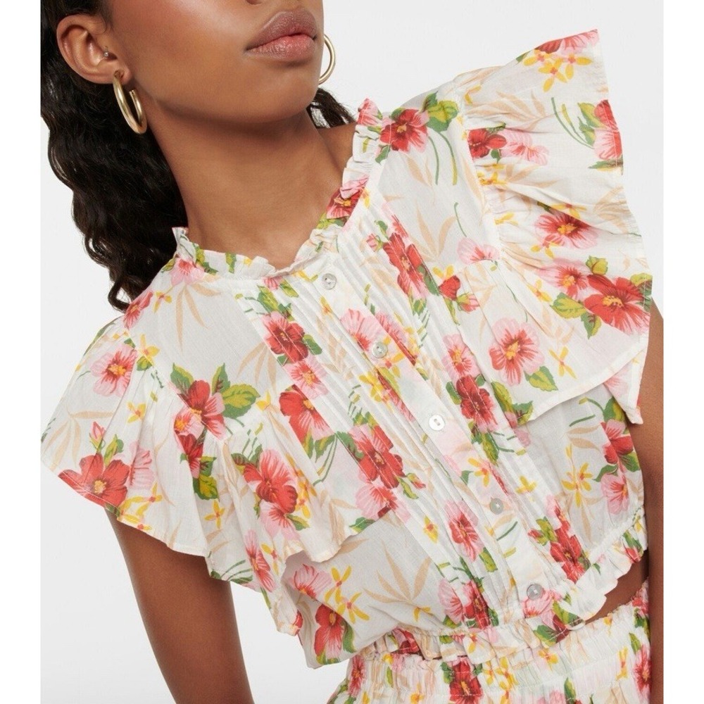 LoveShackFancy Nora Crop Top Lace Ruffle Sleeve Floral White Size XS Cottage